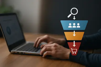 person working on laptop with digital funnel icons