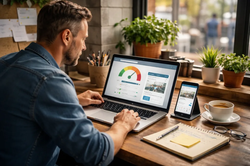 Local business owner checking website performance basics